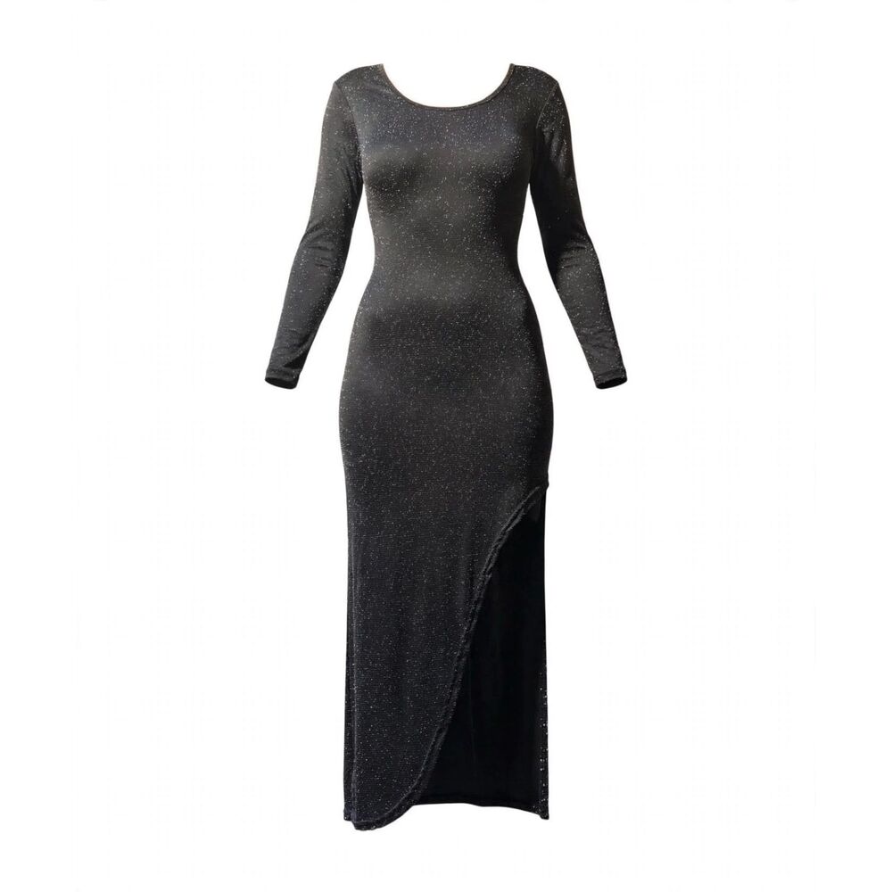 Women's Plus Size Black Glitter Long Sleeve Bodycon Maxi Dress Side Slit XL